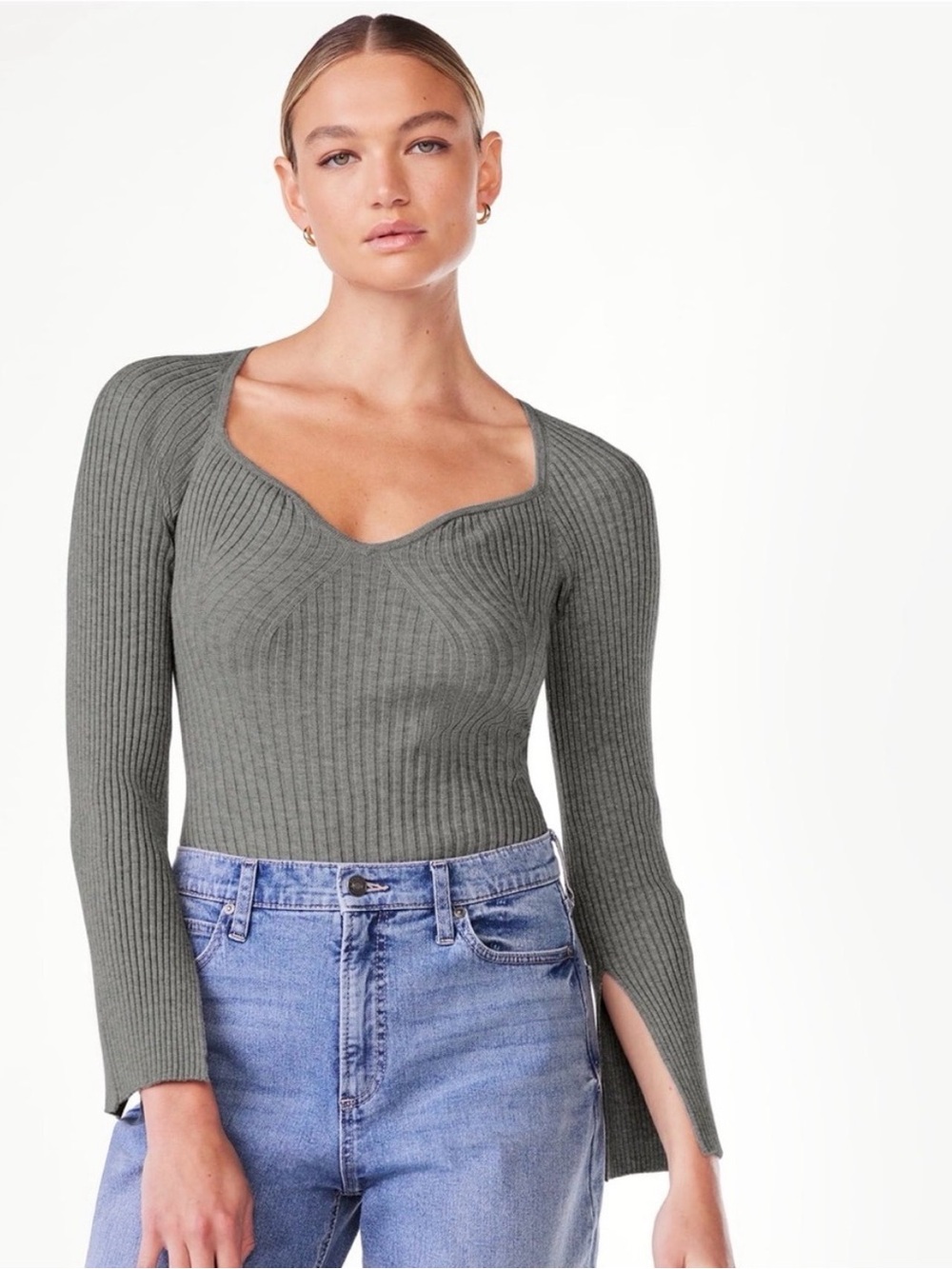 Scoop NYC Ribbed V-Neck Sweater in Gray